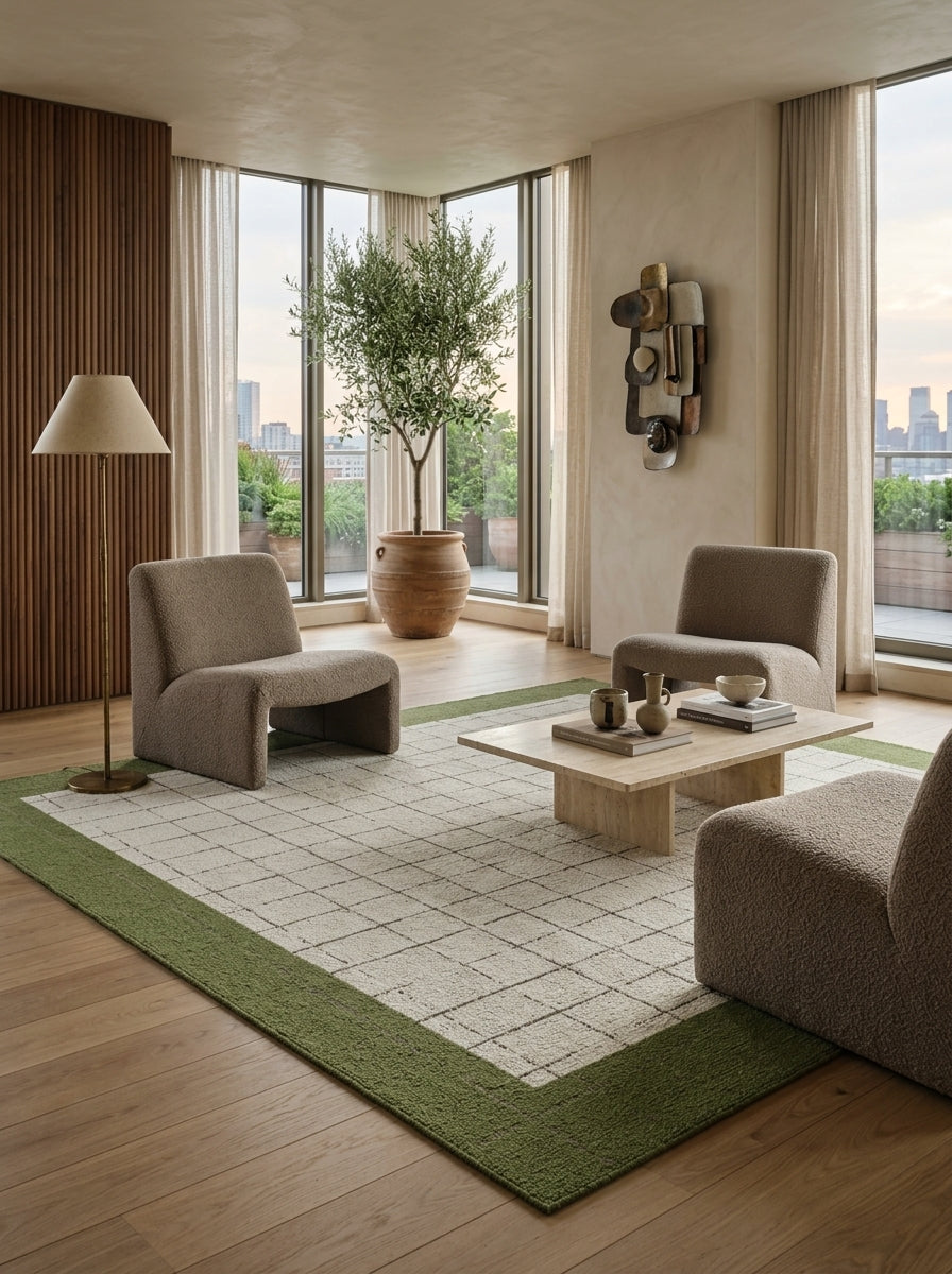 Verdure Grid Hand-Tufted Rug | Ivory & Olive Green Bordered Check Design