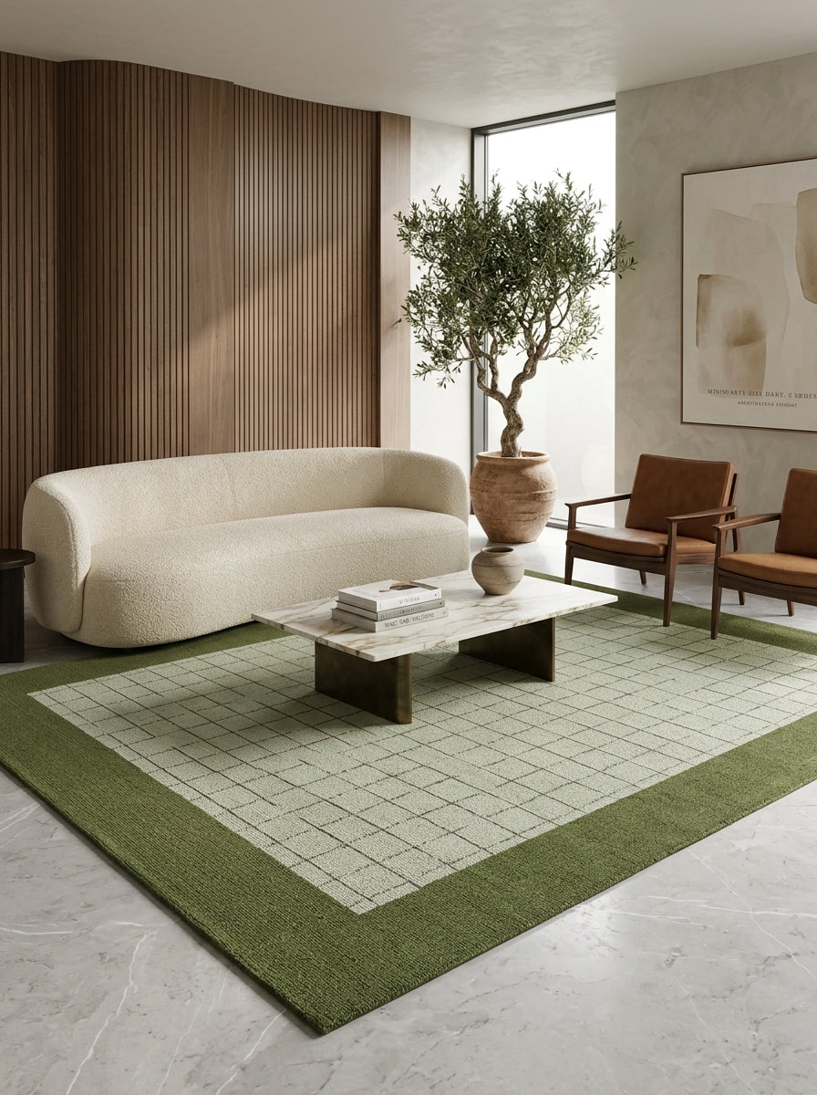 Verdure Grid Hand-Tufted Rug | Ivory & Olive Green Bordered Check Design