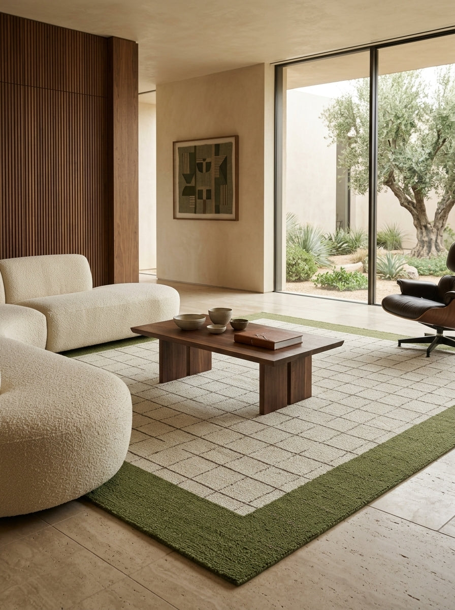 Verdure Grid Hand-Tufted Rug | Ivory & Olive Green Bordered Check Design
