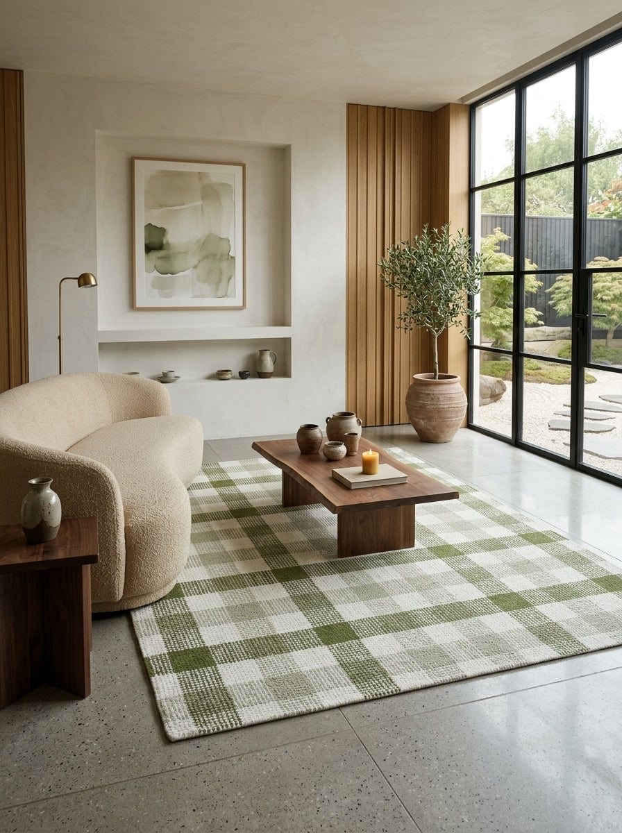 Willow Check Hand-Tufted Rug | Ivory & Olive Green Plaid Design