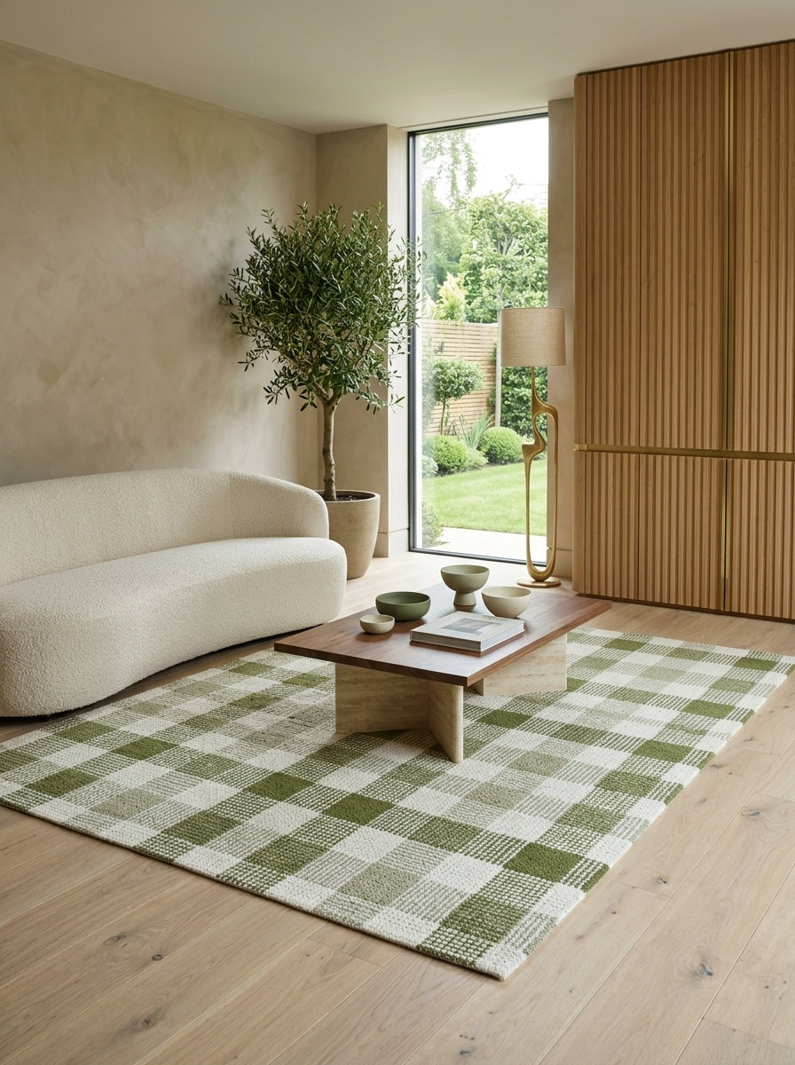 Willow Check Hand-Tufted Rug | Ivory & Olive Green Plaid Design