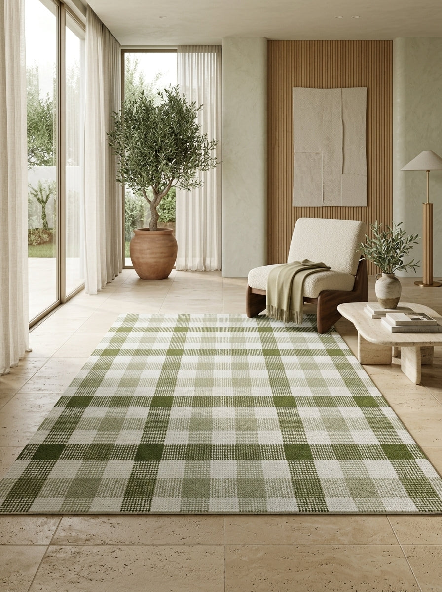 Willow Check Hand-Tufted Rug | Ivory & Olive Green Plaid Design