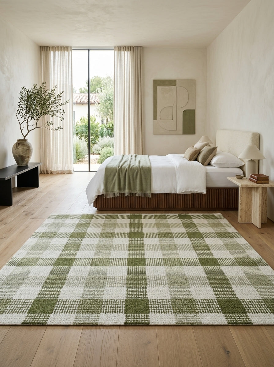Willow Check Hand-Tufted Rug | Ivory & Olive Green Plaid Design
