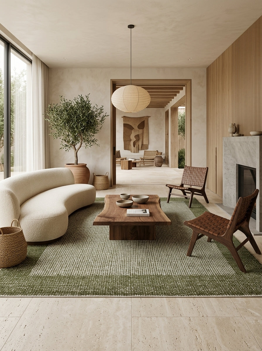 Mossfield Border Hand-Tufted Rug | Ivory & Olive Green Textured Framed Design