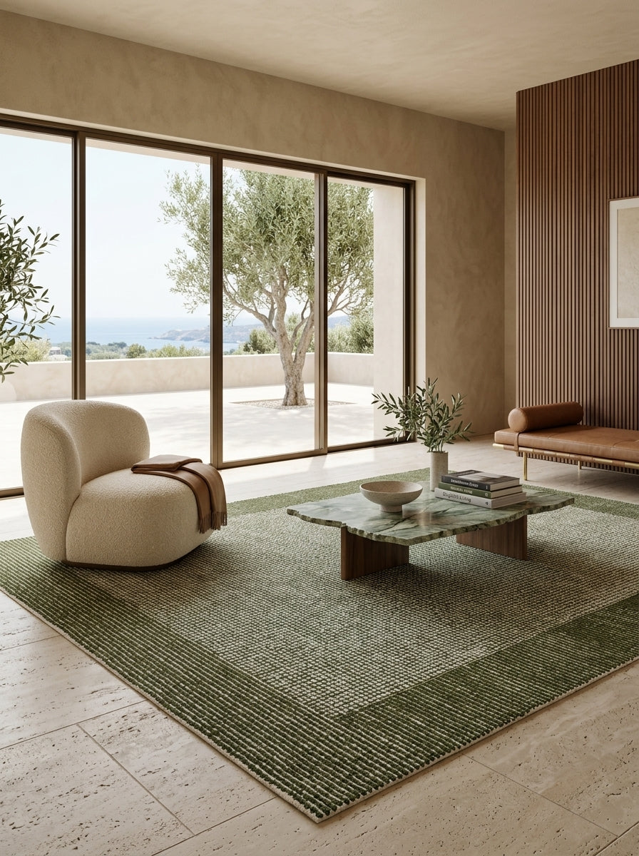 Mossfield Border Hand-Tufted Rug | Ivory & Olive Green Textured Framed Design