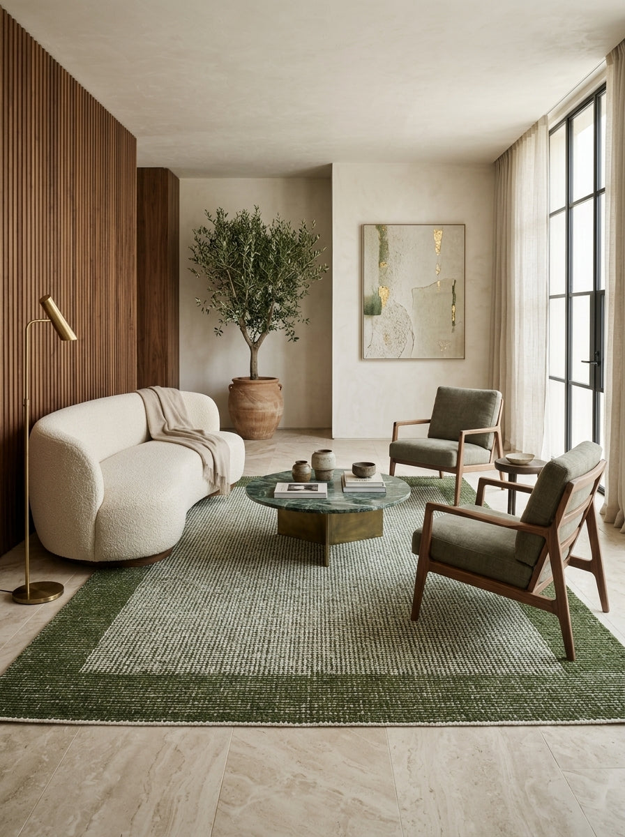 Mossfield Border Hand-Tufted Rug | Ivory & Olive Green Textured Framed Design