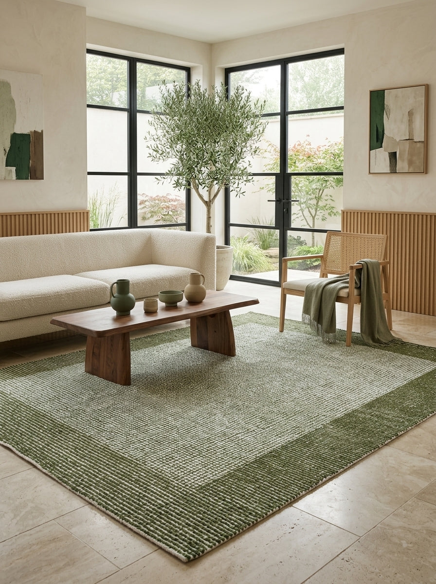 Mossfield Border Hand-Tufted Rug | Ivory & Olive Green Textured Framed Design