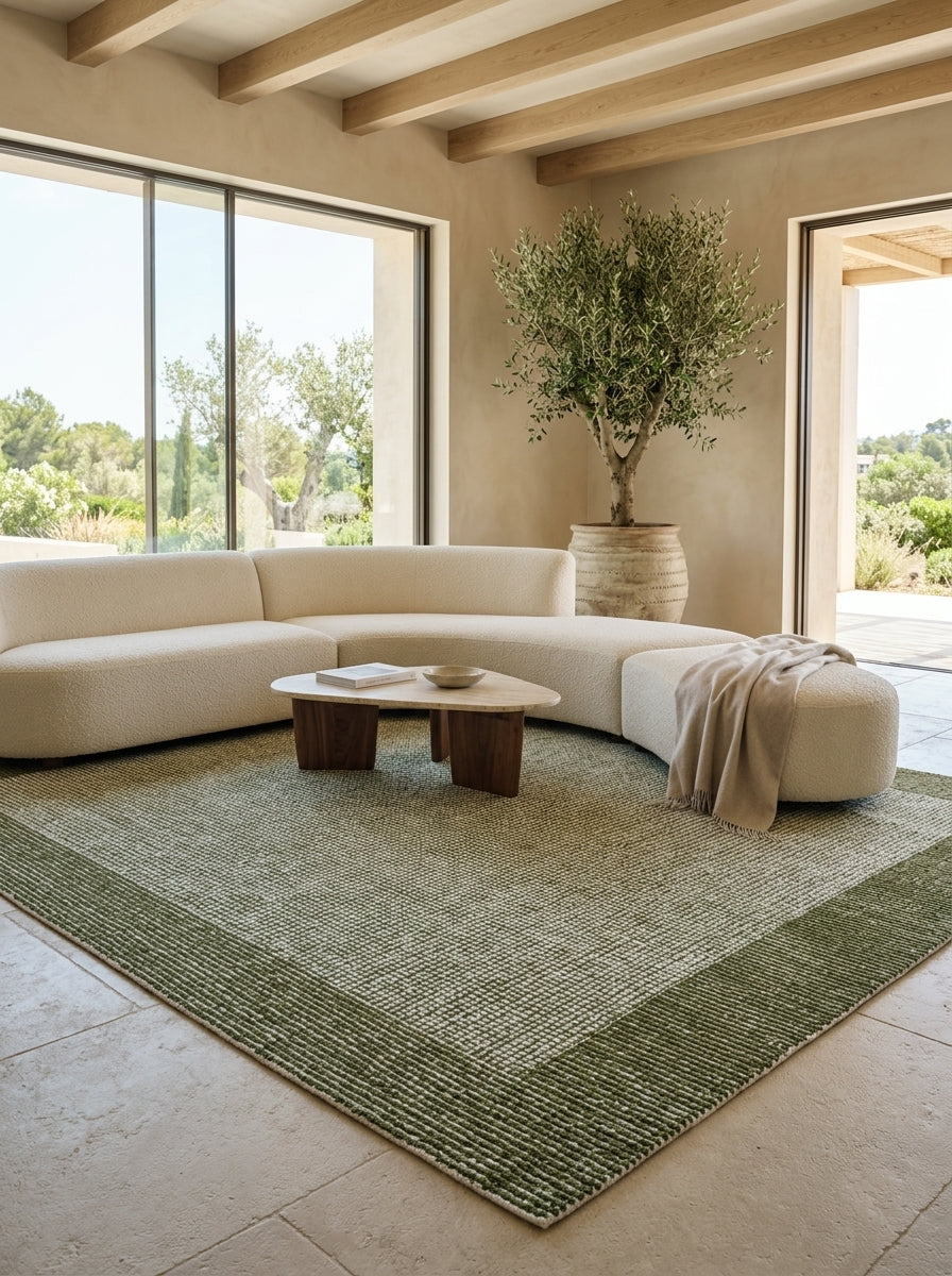 Mossfield Border Hand-Tufted Rug | Ivory & Olive Green Textured Framed Design