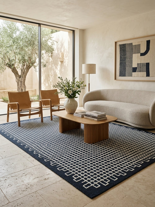 Nocturne Lattice Hand-Tufted Rug | Navy Blue & Ivory Geometric Grid Design