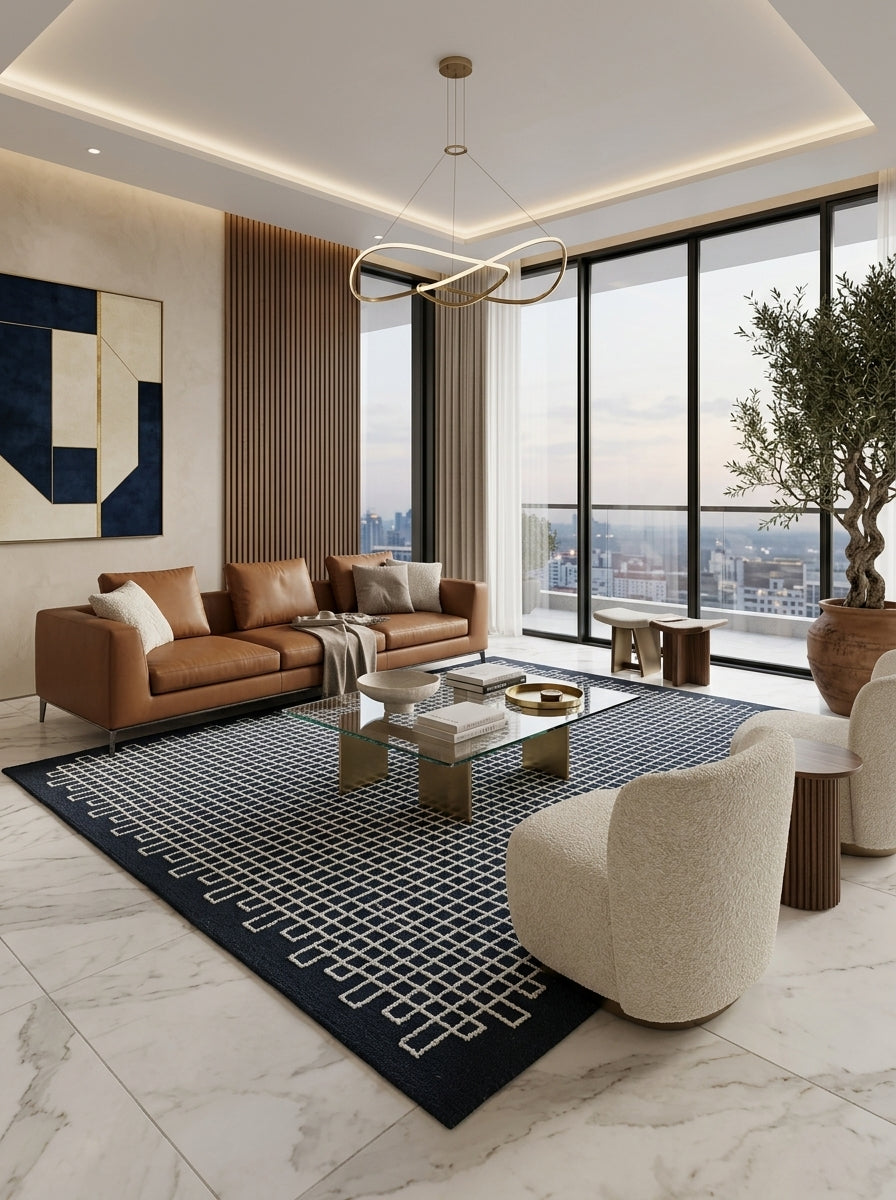 Nocturne Lattice Hand-Tufted Rug | Navy Blue & Ivory Geometric Grid Design