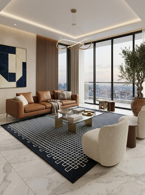 Nocturne Lattice Hand-Tufted Rug | Navy Blue & Ivory Geometric Grid Design