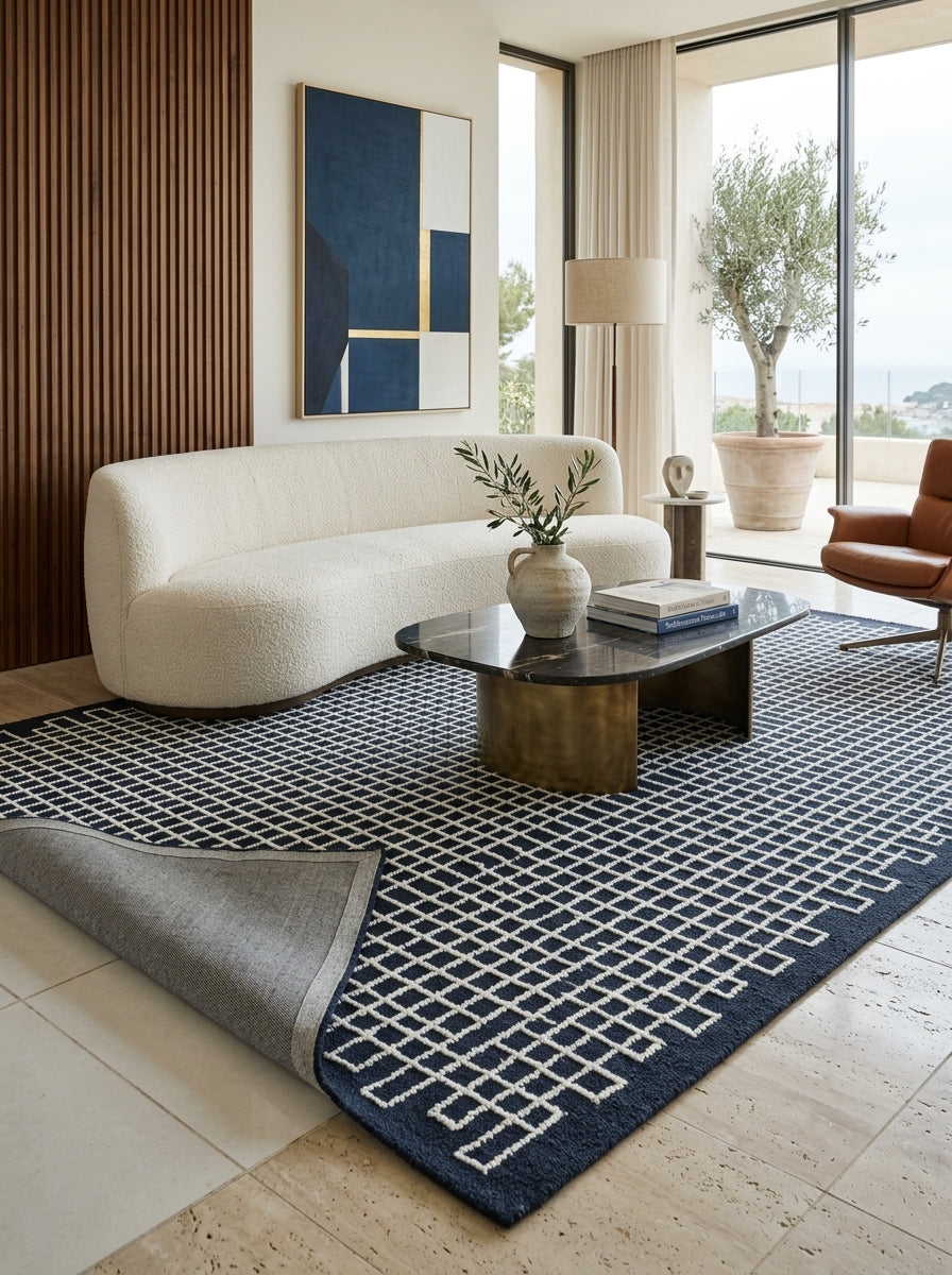 Nocturne Lattice Hand-Tufted Rug | Navy Blue & Ivory Geometric Grid Design