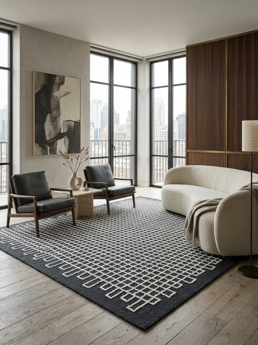 Nocturne Lattice Hand-Tufted Rug | Navy Blue & Ivory Geometric Grid Design