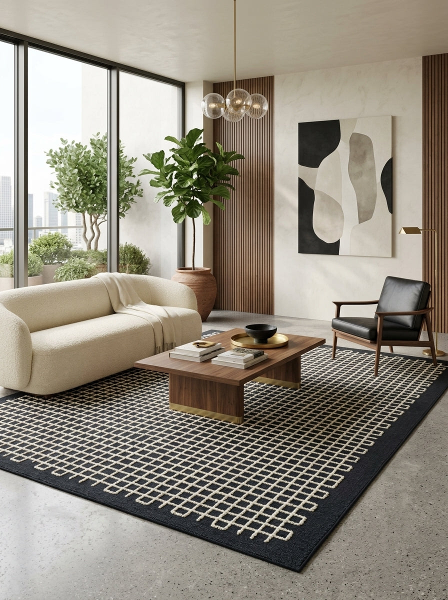 Nocturne Lattice Hand-Tufted Rug | Navy Blue & Ivory Geometric Grid Design