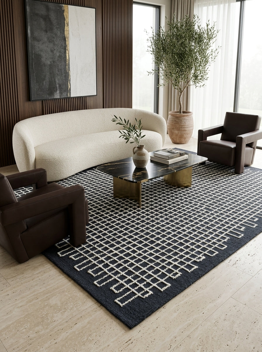 Nocturne Lattice Hand-Tufted Rug | Navy Blue & Ivory Geometric Grid Design