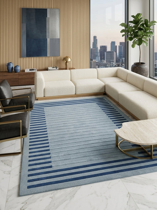 Azure Frame Hand-Tufted Rug | Powder Blue & Navy Linear Border Design