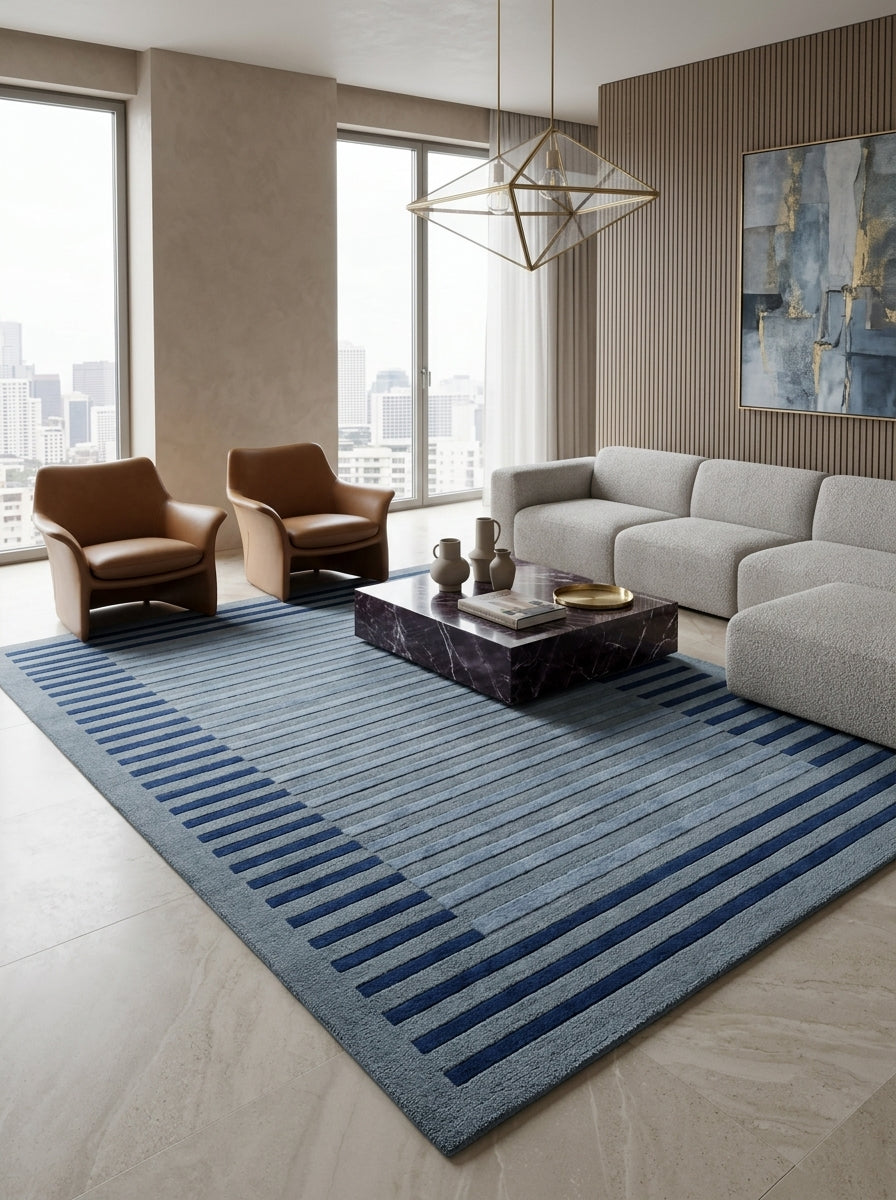 Azure Frame Hand-Tufted Rug | Powder Blue & Navy Linear Border Design