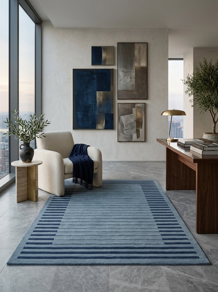 Azure Frame Hand-Tufted Rug | Powder Blue & Navy Linear Border Design
