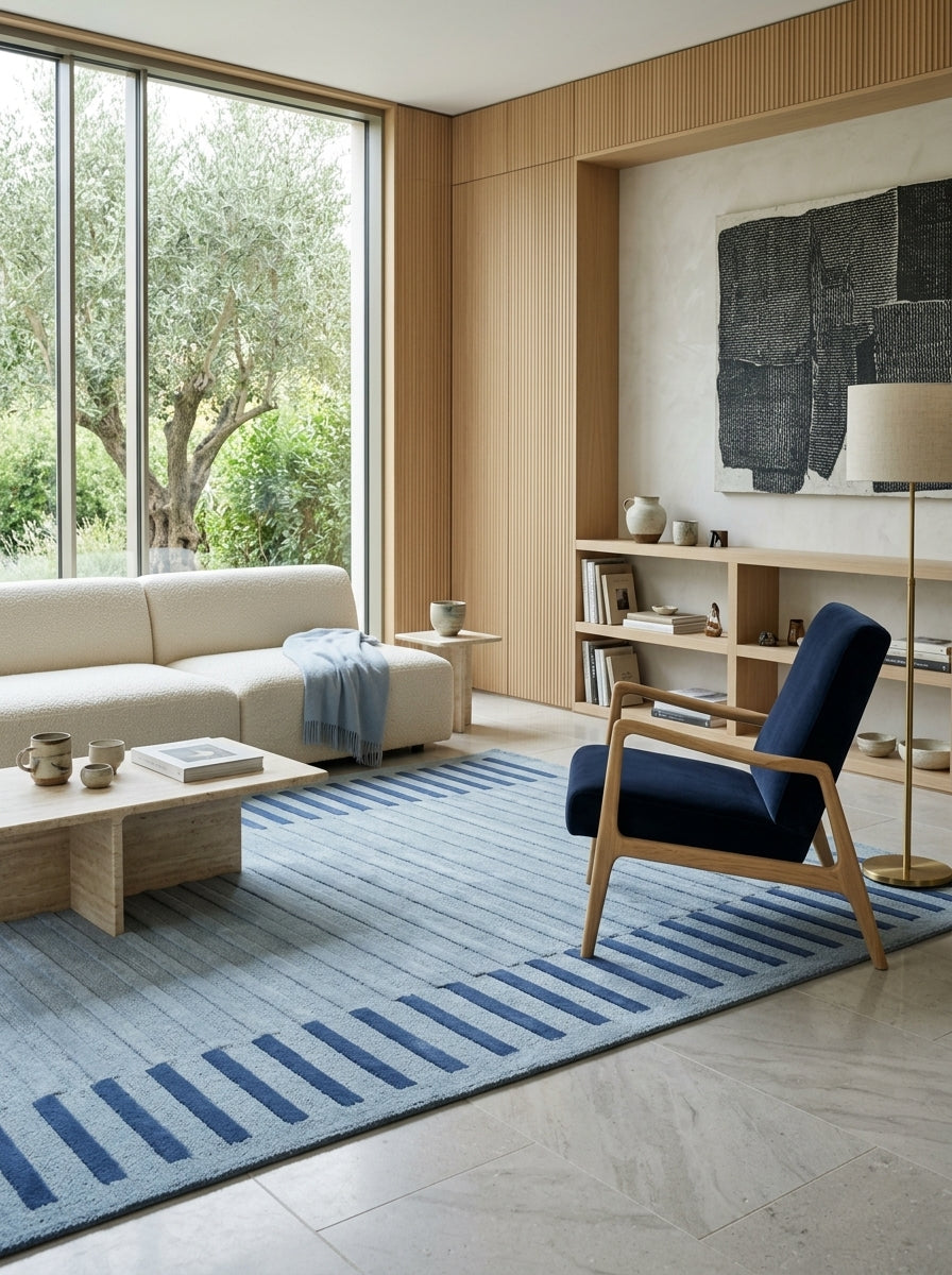 Azure Frame Hand-Tufted Rug | Powder Blue & Navy Linear Border Design