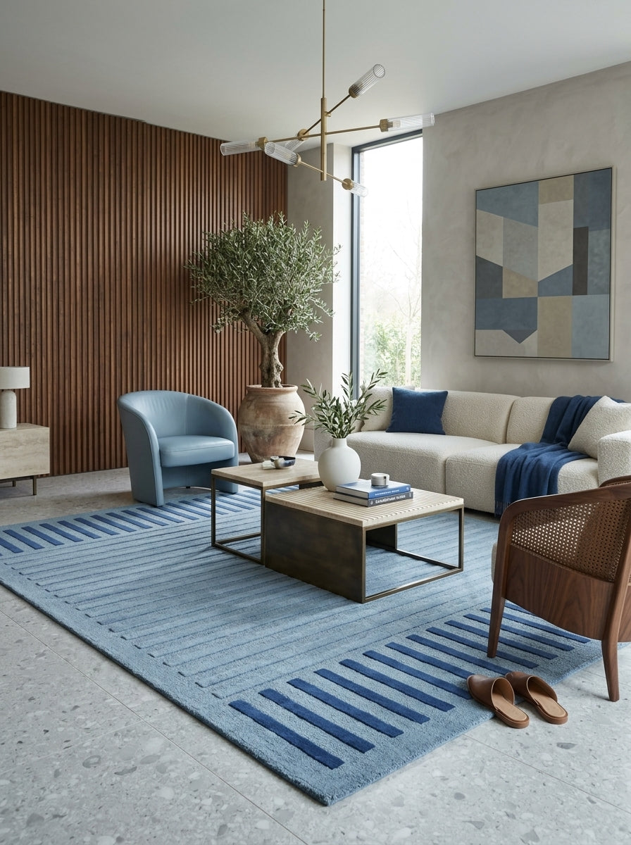 Azure Frame Hand-Tufted Rug | Powder Blue & Navy Linear Border Design