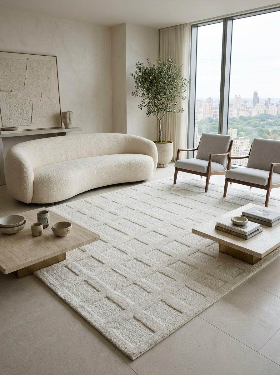 Ivory Relief Grid Hand-Tufted Rug