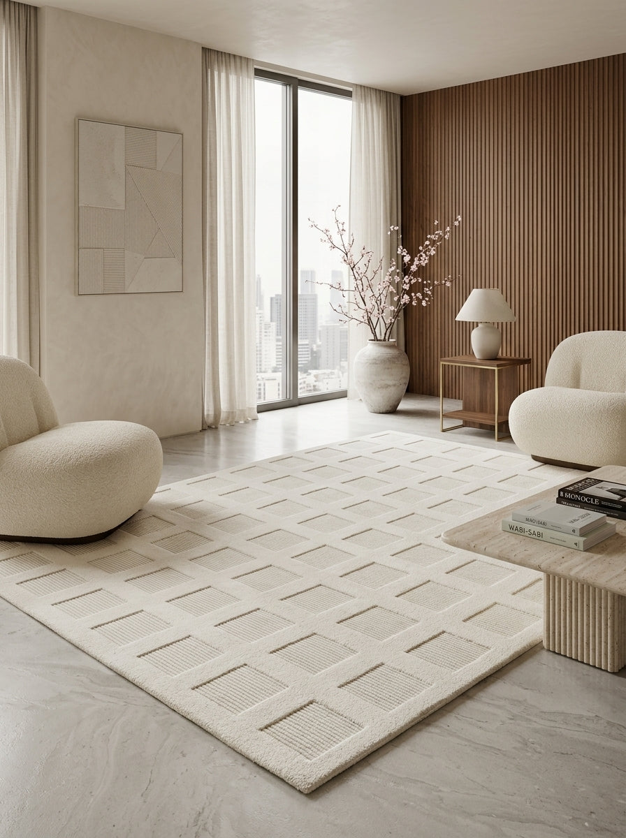 Ivory Relief Grid Hand-Tufted Rug