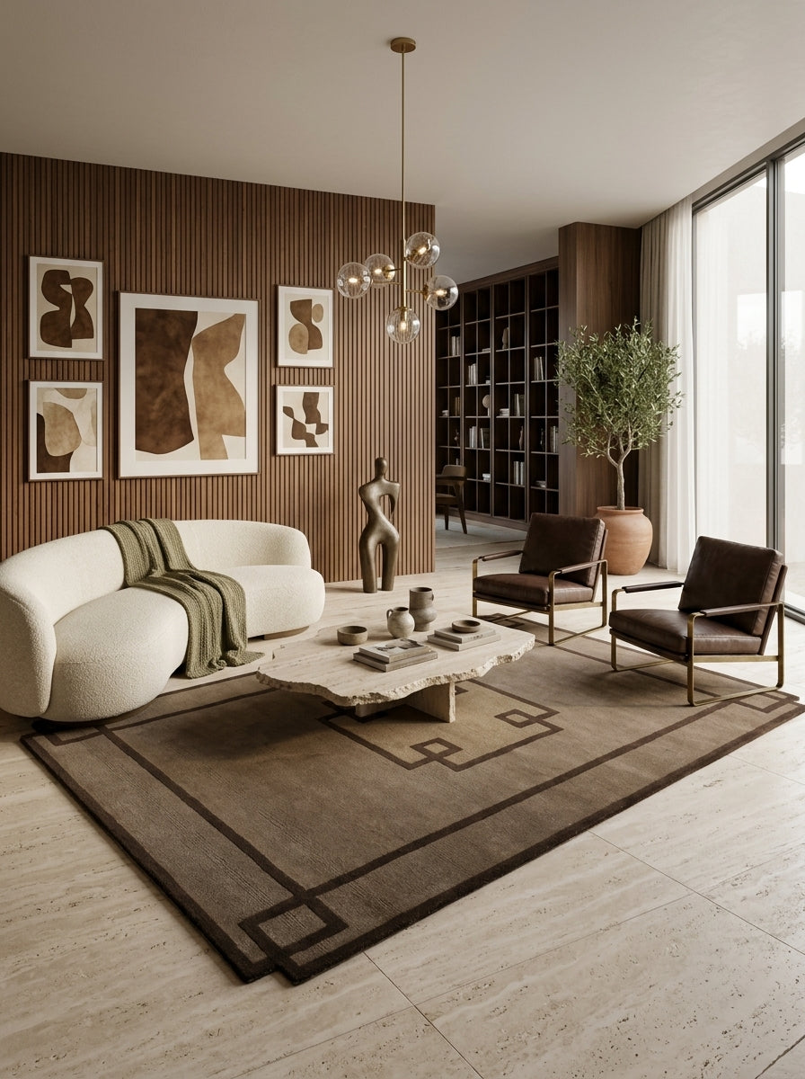 Taupe Greek Key Border Hand-Tufted Rug | Modern Classic Framed Geometric Design