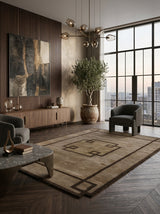 Taupe Greek Key Border Hand-Tufted Rug | Modern Classic Framed Geometric Design