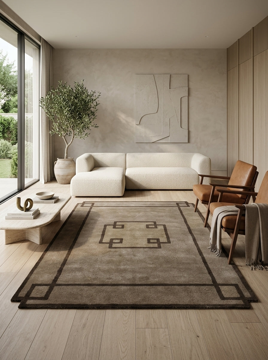 Taupe Greek Key Border Hand-Tufted Rug | Modern Classic Framed Geometric Design