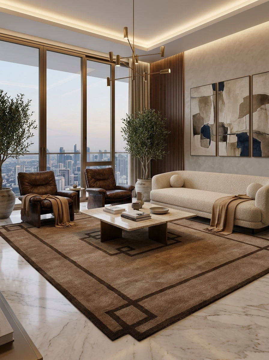 Taupe Greek Key Border Hand-Tufted Rug | Modern Classic Framed Geometric Design