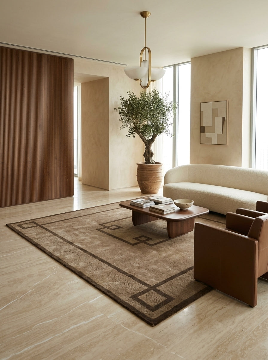 Taupe Greek Key Border Hand-Tufted Rug | Modern Classic Framed Geometric Design