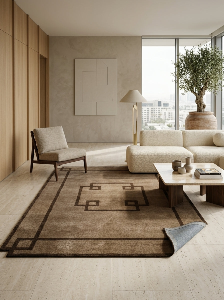 Taupe Greek Key Border Hand-Tufted Rug | Modern Classic Framed Geometric Design