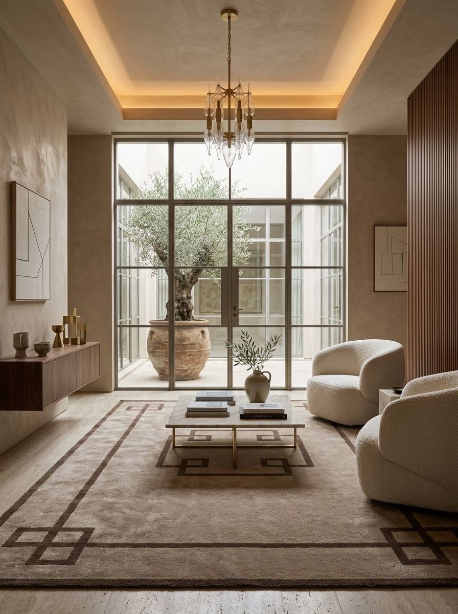 Taupe Greek Key Border Hand-Tufted Rug | Modern Classic Framed Geometric Design