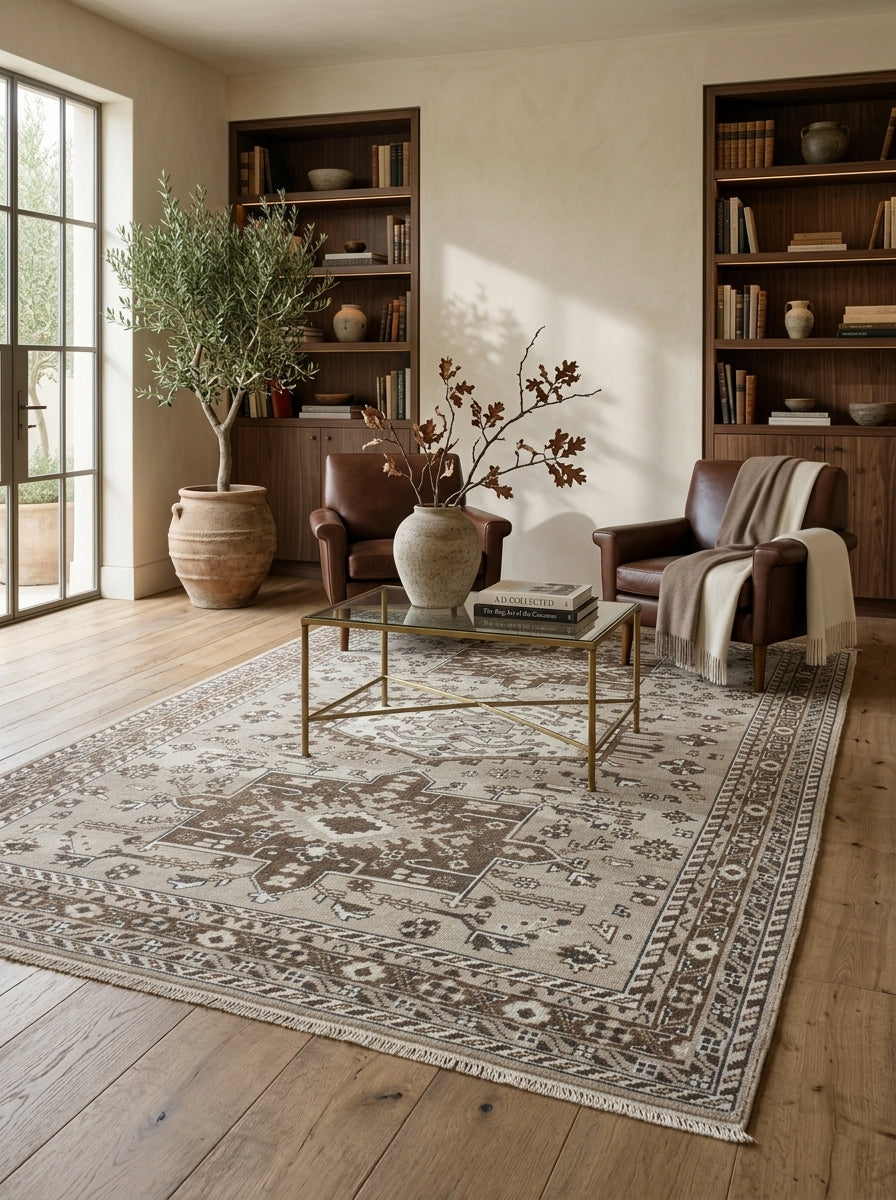 Tavira Heritage Hand-Knotted Rug – Warm Ivory & Mocha Brown