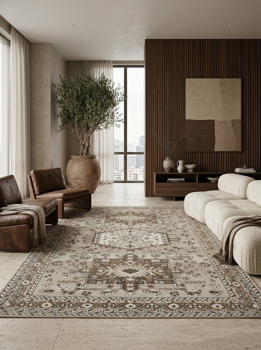 Tavira Heritage Hand-Knotted Rug – Warm Ivory & Mocha Brown