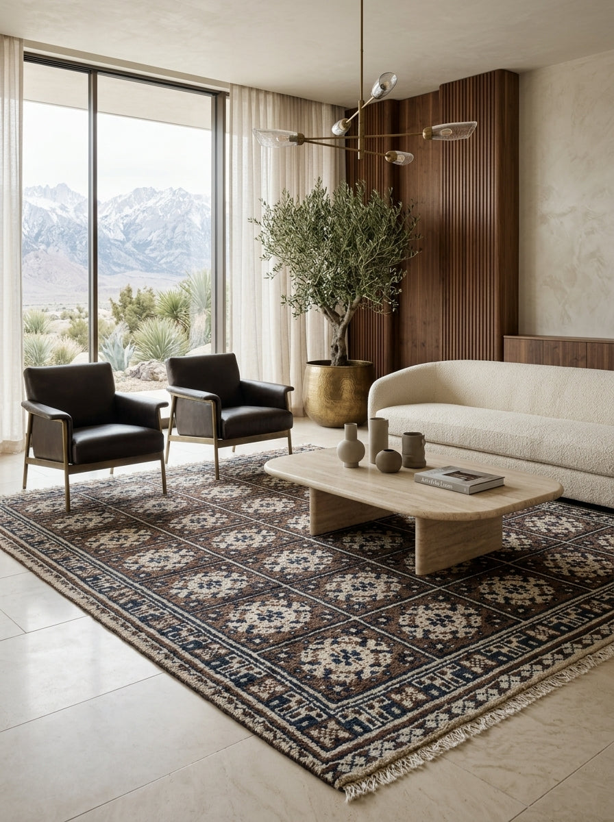 Mosaic Heritage Hand-Knotted Rug – Chocolate Brown, Ivory & Midnight Blue