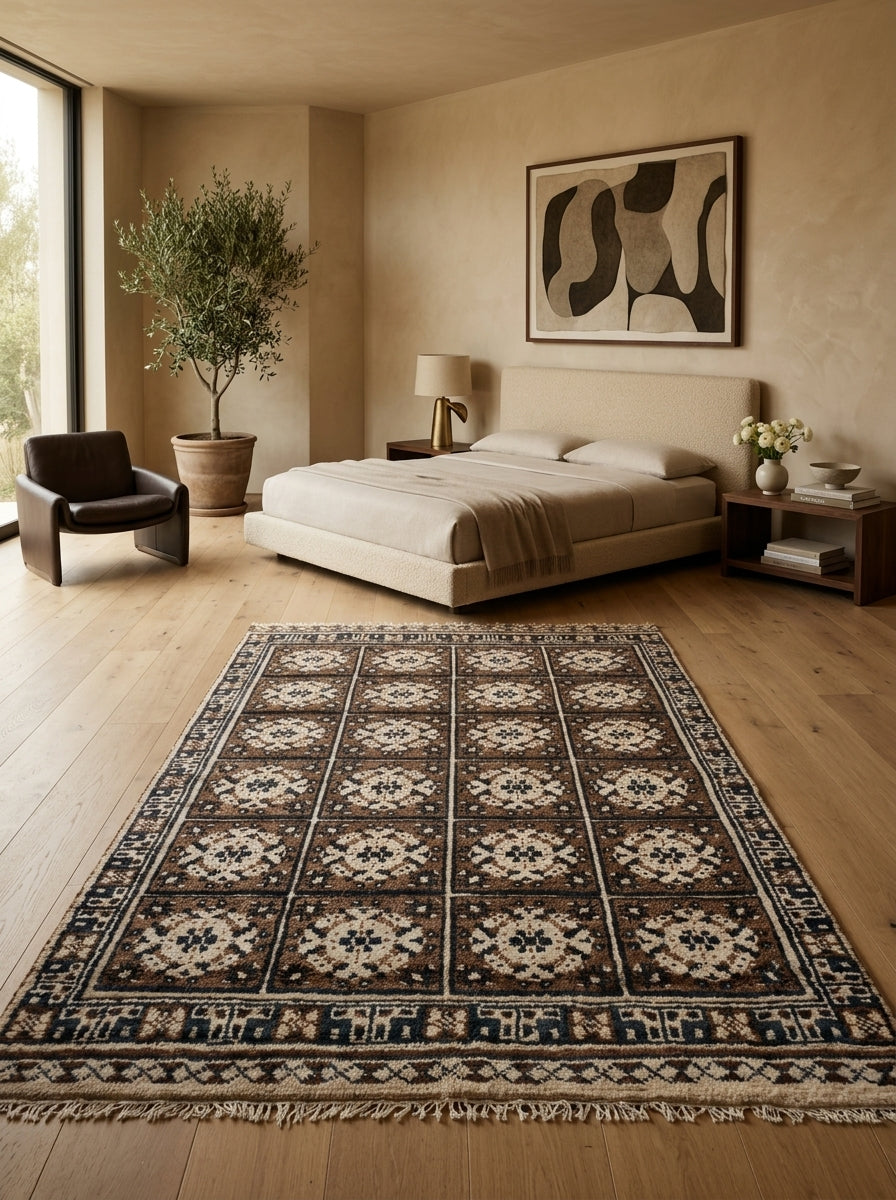 Mosaic Heritage Hand-Knotted Rug – Chocolate Brown, Ivory & Midnight Blue
