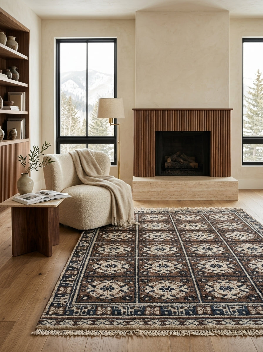 Mosaic Heritage Hand-Knotted Rug – Chocolate Brown, Ivory & Midnight Blue