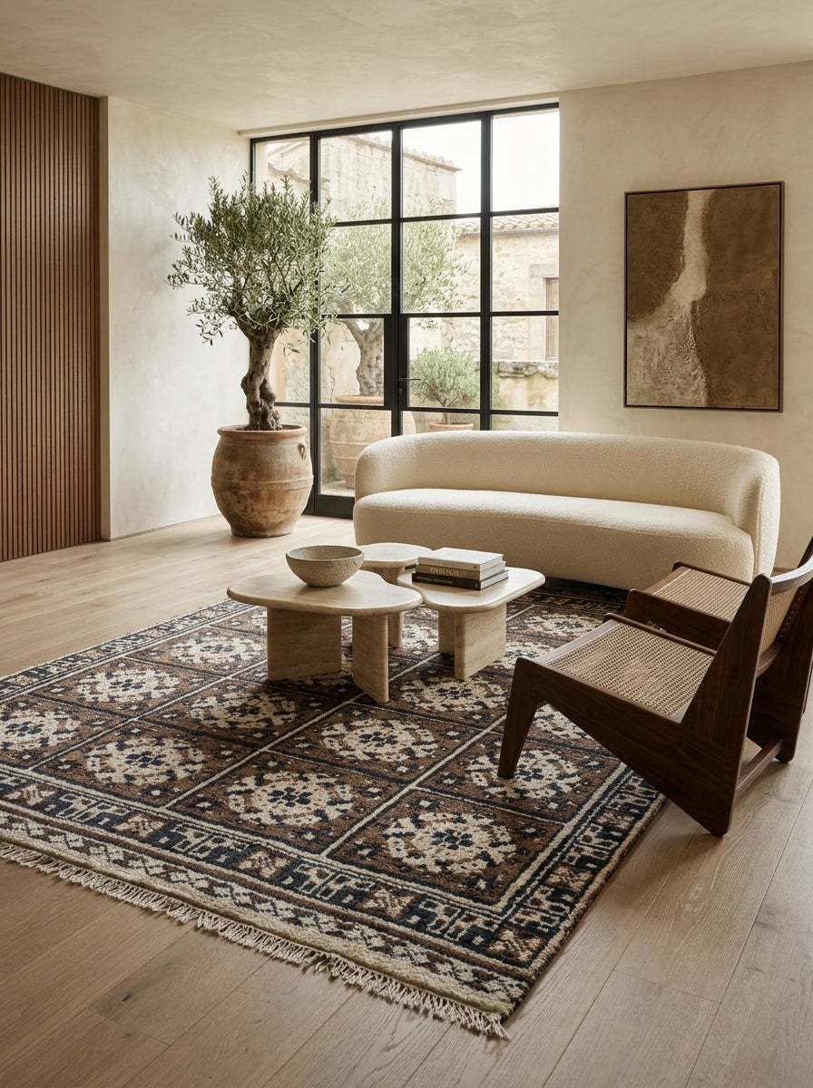 Mosaic Heritage Hand-Knotted Rug – Chocolate Brown, Ivory & Midnight Blue
