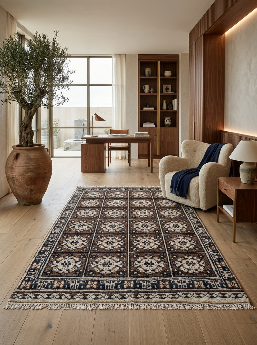 Mosaic Heritage Hand-Knotted Rug – Chocolate Brown, Ivory & Midnight Blue