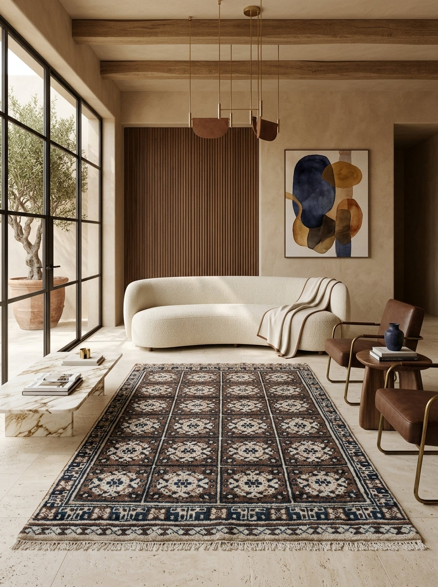 Mosaic Heritage Hand-Knotted Rug – Chocolate Brown, Ivory & Midnight Blue