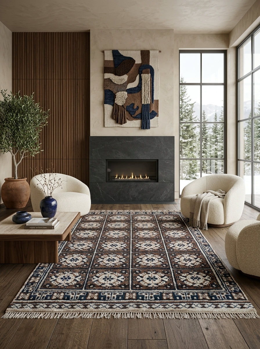 Mosaic Heritage Hand-Knotted Rug – Chocolate Brown, Ivory & Midnight Blue