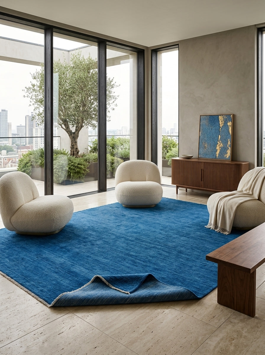 Azure Depth Handloom Rug – Solid Blue Contemporary Textured Area Rug