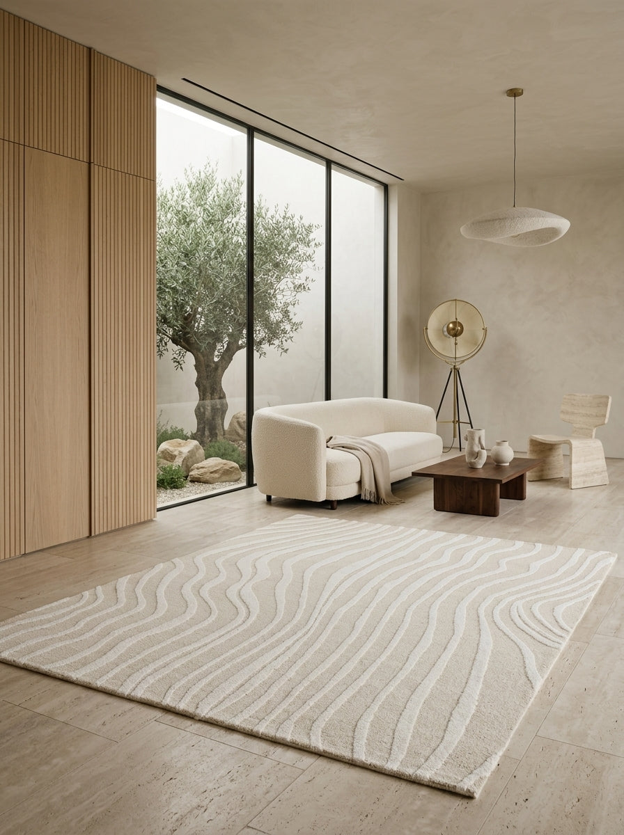 Aveline Flow Hand-Tufted Rug | Ivory & Sand Beige Organic Wave Design