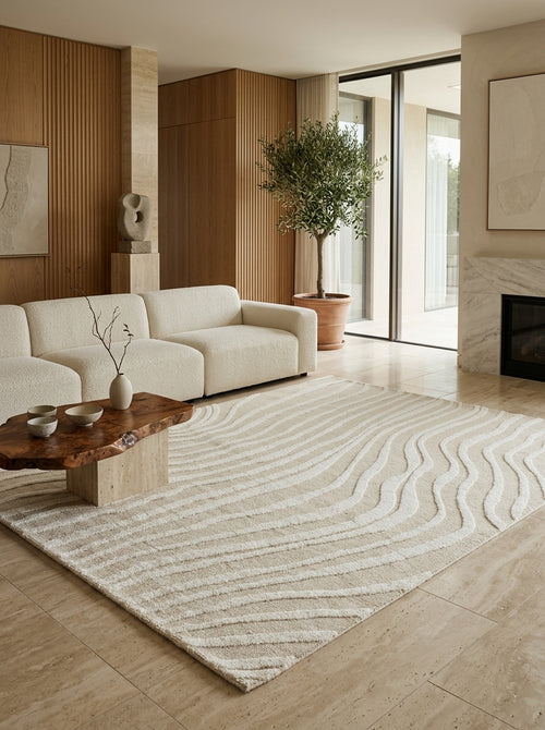 Aveline Flow Hand-Tufted Rug | Ivory & Sand Beige Organic Wave Design