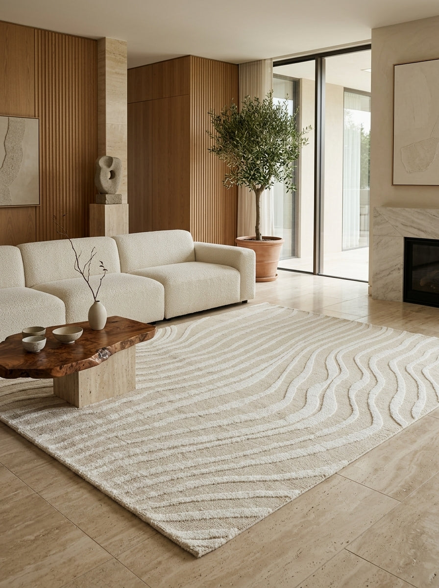 Aveline Flow Hand-Tufted Rug | Ivory & Sand Beige Organic Wave Design